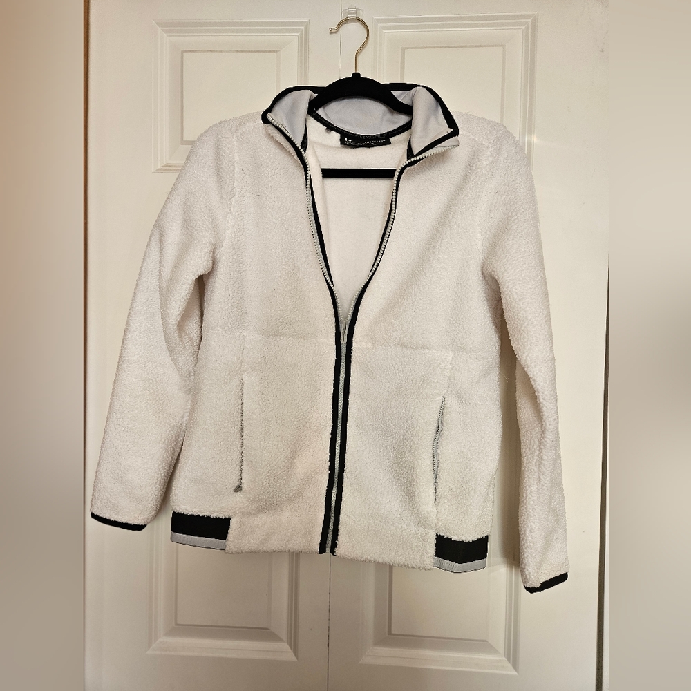 Under armor White Fleece Zip-Up Jacket with Black Trim and reflective strip
